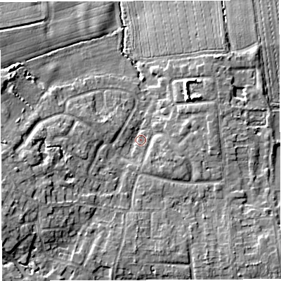 Shaded relief map of the ground around WA34JY, computed from Environment Agency LiDAR. The ground here sits at about 24 m above sea level and falls 9 m across the surrounding 800 m. Surface water reaching this point runs off ground lying to the west-south-west, 5.9 m higher.