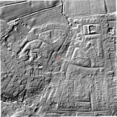 Shaded relief map of the ground around WA34LF, computed from Environment Agency LiDAR. The ground here sits at about 24 m above sea level and falls 10 m across the surrounding 800 m. Surface water reaching this point runs off ground lying to the west-south-west, 6.5 m higher.