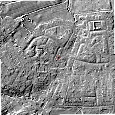 Shaded relief map of the ground around WA34LG, computed from Environment Agency LiDAR. The ground here sits at about 25 m above sea level and falls 10 m across the surrounding 800 m. Surface water reaching this point runs off ground lying to the west-south-west, 5.3 m higher.
