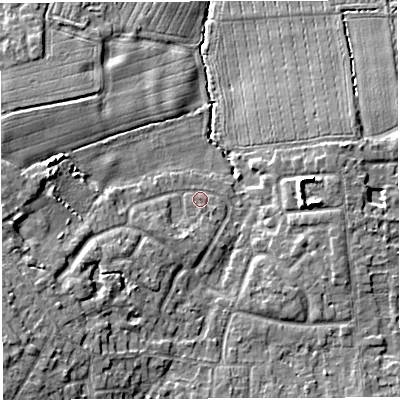 Shaded relief map of the ground around WA34LN, computed from Environment Agency LiDAR. The ground here sits at about 24 m above sea level and falls 11 m across the surrounding 800 m. Surface water reaching this point runs off ground lying to the south-west, 6.5 m higher.