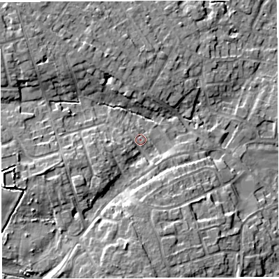 Shaded relief map of the ground around WA34LZ, computed from Environment Agency LiDAR. The ground here sits at about 29 m above sea level and falls 11 m across the surrounding 800 m. Surface water reaching this point runs off ground lying to the west-south-west, 1.5 m higher.