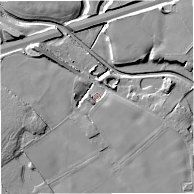 Shaded relief map of the ground around WA35AU, computed from Environment Agency LiDAR. The ground here sits at about 14 m above sea level and falls 14 m across the surrounding 800 m. Surface water reaching this point runs off ground lying to the west-south-west, 5.4 m higher.