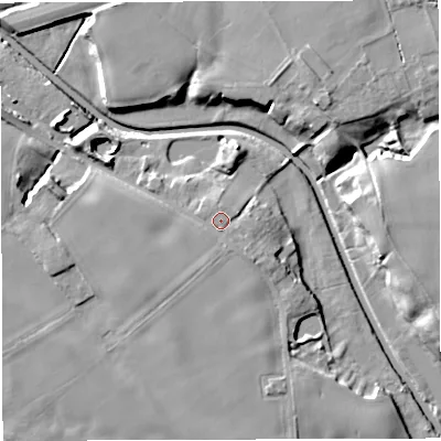 Shaded relief map of the ground around WA35AX, computed from Environment Agency LiDAR. The ground here sits at about 16 m above sea level and falls 11 m across the surrounding 800 m. Surface water reaching this point runs off ground lying to the south-east, 0.9 m higher.