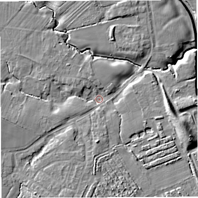 Shaded relief map of the ground around WA35JH, computed from Environment Agency LiDAR. The ground here sits at about 16 m above sea level and falls 13 m across the surrounding 800 m. Surface water reaching this point runs off ground lying to the south-south-west, 6.0 m higher.