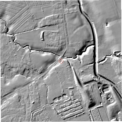 Shaded relief map of the ground around WA35LA, computed from Environment Agency LiDAR. The ground here sits at about 16 m above sea level and falls 13 m across the surrounding 800 m. Surface water reaching this point runs off ground lying to the south-east, 8.7 m higher.