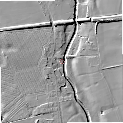 Shaded relief map of the ground around WA35LH, computed from Environment Agency LiDAR. The ground here sits at about 16 m above sea level and falls 13 m across the surrounding 800 m. Surface water reaching this point runs off ground lying to the north-east, 13.0 m higher.