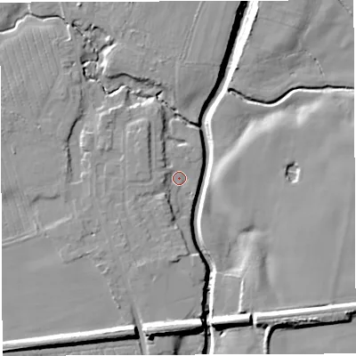 Shaded relief map of the ground around WA35LX, computed from Environment Agency LiDAR. The ground here sits at about 15 m above sea level and falls 13 m across the surrounding 800 m. Surface water reaching this point runs off ground lying to the south-south-west, 4.0 m higher.