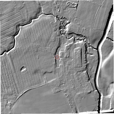 Shaded relief map of the ground around WA35LY, computed from Environment Agency LiDAR. The ground here sits at about 16 m above sea level and falls 12 m across the surrounding 800 m. Surface water reaching this point runs off ground lying to the south-west, 6.8 m higher.