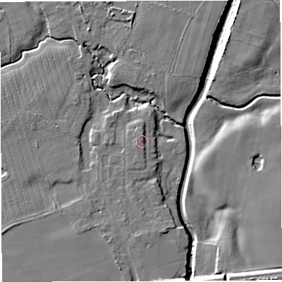 Shaded relief map of the ground around WA35NF, computed from Environment Agency LiDAR. The ground here sits at about 18 m above sea level and falls 13 m across the surrounding 800 m. Surface water reaching this point runs off ground lying to the south-west, 1.6 m higher.