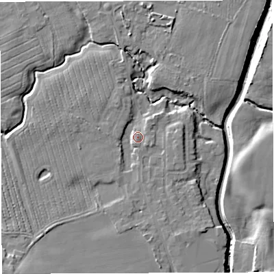 Shaded relief map of the ground around WA35NH, computed from Environment Agency LiDAR. The ground here sits at about 17 m above sea level and falls 10 m across the surrounding 800 m. Surface water reaching this point runs off ground lying to the south-west, 6.3 m higher.