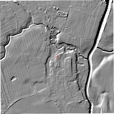 Shaded relief map of the ground around WA35NJ, computed from Environment Agency LiDAR. The ground here sits at about 17 m above sea level and falls 9 m across the surrounding 800 m. Surface water reaching this point runs off ground lying to the south, 0.6 m higher.