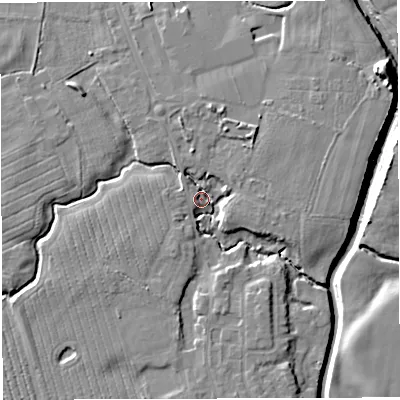 Shaded relief map of the ground around WA35NN, computed from Environment Agency LiDAR. The ground here sits at about 15 m above sea level and falls 11 m across the surrounding 800 m. Surface water reaching this point runs off ground lying to the north, 4.1 m higher.