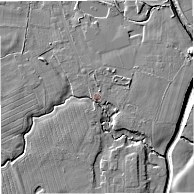 Shaded relief map of the ground around WA35NP, computed from Environment Agency LiDAR. The ground here sits at about 16 m above sea level and falls 11 m across the surrounding 800 m. Surface water reaching this point runs off ground lying to the north-north-east, 3.7 m higher.