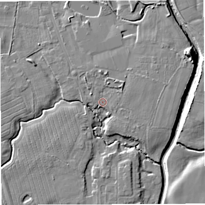 Shaded relief map of the ground around WA35NR, computed from Environment Agency LiDAR. The ground here sits at about 16 m above sea level and falls 11 m across the surrounding 800 m. Surface water reaching this point runs off ground lying to the north-east, 3.5 m higher.