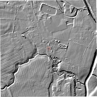 Shaded relief map of the ground around WA35NS, computed from Environment Agency LiDAR. The ground here sits at about 16 m above sea level and falls 8 m across the surrounding 800 m. Surface water reaching this point runs off ground lying to the north-east, 2.1 m higher.