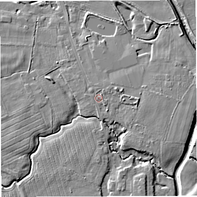 Shaded relief map of the ground around WA35NT, computed from Environment Agency LiDAR. The ground here sits at about 16 m above sea level and falls 7 m across the surrounding 800 m. Surface water reaching this point runs off ground lying to the east-north-east, 2.0 m higher.