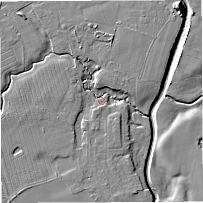 Shaded relief map of the ground around WA35NU, computed from Environment Agency LiDAR. The ground here sits at about 16 m above sea level and falls 11 m across the surrounding 800 m. Surface water reaching this point runs off ground lying to the south-south-west, 4.5 m higher.
