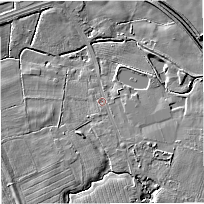 Shaded relief map of the ground around WA35NX, computed from Environment Agency LiDAR. The ground here sits at about 15 m above sea level and falls 8 m across the surrounding 800 m. Surface water reaching this point runs off ground lying to the south-east, 1.7 m higher.
