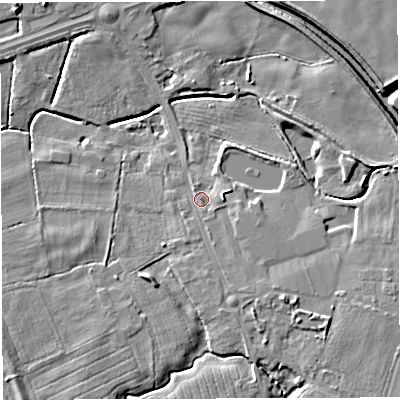 Shaded relief map of the ground around WA35NY, computed from Environment Agency LiDAR. The ground here sits at about 15 m above sea level and falls 8 m across the surrounding 800 m. Surface water reaching this point runs off ground lying to the south-south-east, 2.0 m higher.
