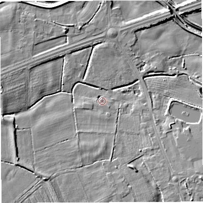 Shaded relief map of the ground around WA35NZ, computed from Environment Agency LiDAR. The ground here sits at about 14 m above sea level and falls 9 m across the surrounding 800 m. Surface water reaching this point runs off ground lying to the south-west, 5.7 m higher.
