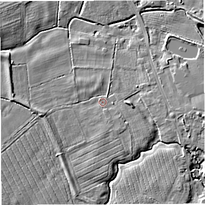Shaded relief map of the ground around WA35PA, computed from Environment Agency LiDAR. The ground here sits at about 15 m above sea level and falls 9 m across the surrounding 800 m. Surface water reaching this point runs off ground lying to the west, 3.8 m higher.