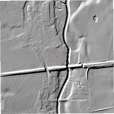 Shaded relief map of the ground around WA35PG, computed from Environment Agency LiDAR. The ground here sits at about 18 m above sea level and falls 13 m across the surrounding 800 m. Surface water reaching this point runs off ground lying to the north-west, 1.0 m higher.