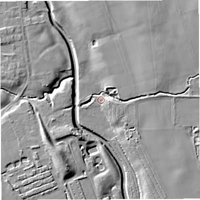 Shaded relief map of the ground around WA35PJ, computed from Environment Agency LiDAR. The ground here sits at about 16 m above sea level and falls 13 m across the surrounding 800 m. Surface water reaching this point runs off ground lying to the east-north-east, 7.7 m higher.