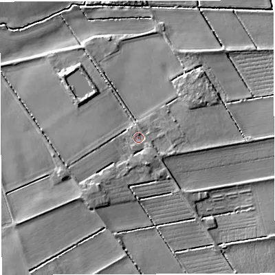 Shaded relief map of the ground around WA35PT, computed from Environment Agency LiDAR. The ground here sits at about 22 m above sea level and falls 6 m across the surrounding 800 m. Surface water reaching this point runs off ground lying to the south-east, 1.6 m higher.
