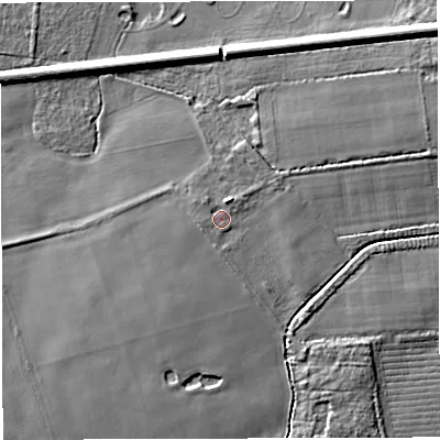 Shaded relief map of the ground around WA35PY, computed from Environment Agency LiDAR. The ground here sits at about 22 m above sea level and falls 6 m across the surrounding 800 m. Surface water reaching this point runs off ground lying to the north-north-east, 1.5 m higher.