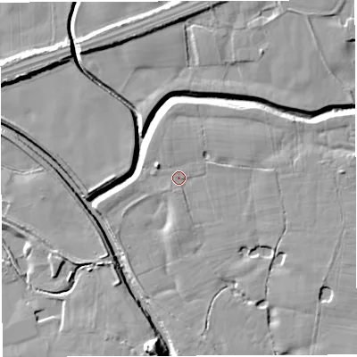 Shaded relief map of the ground around WA35QE, computed from Environment Agency LiDAR. The ground here sits at about 16 m above sea level and falls 10 m across the surrounding 800 m. Surface water reaching this point runs off ground lying to the south, 1.1 m higher.