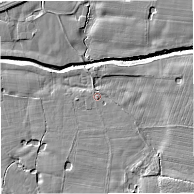 Shaded relief map of the ground around WA35QL, computed from Environment Agency LiDAR. The ground here sits at about 17 m above sea level and falls 8 m across the surrounding 800 m. Surface water reaching this point runs off ground lying to the south, 1.6 m higher.