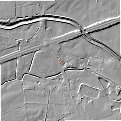 Shaded relief map of the ground around WA35QQ, computed from Environment Agency LiDAR. The ground here sits at about 13 m above sea level and falls 9 m across the surrounding 800 m. Surface water reaching this point runs off ground lying to the west-south-west, 1.5 m higher.