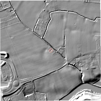 Shaded relief map of the ground around WA36DS, computed from Environment Agency LiDAR. The ground here sits at about 13 m above sea level and falls 16 m across the surrounding 800 m. Surface water reaching this point runs off ground lying to the east-north-east, 7.2 m higher.