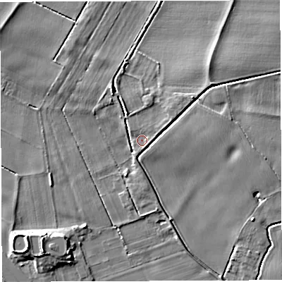 Shaded relief map of the ground around WA36DT, computed from Environment Agency LiDAR. The ground here sits at about 15 m above sea level and falls 8 m across the surrounding 800 m. Surface water reaching this point runs off ground lying to the east-north-east, 1.6 m higher.