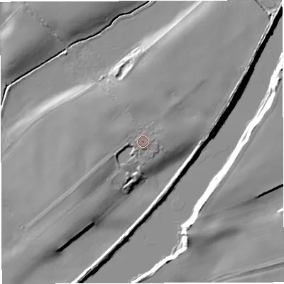 Shaded relief map of the ground around WA36HA, computed from Environment Agency LiDAR. The ground here sits at about 15 m above sea level and falls 10 m across the surrounding 800 m. Surface water reaching this point runs off ground lying to the south, 0.6 m higher.
