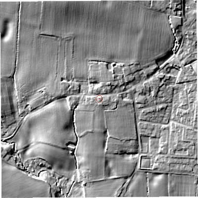 Shaded relief map of the ground around WA37DA, computed from Environment Agency LiDAR. The ground here sits at about 24 m above sea level and falls 17 m across the surrounding 800 m. Surface water reaching this point runs off ground lying to the north-north-east, 1.9 m higher.