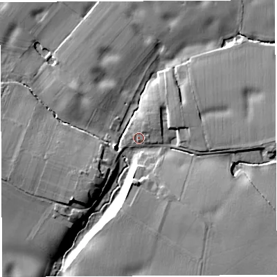 Shaded relief map of the ground around WA37DZ, computed from Environment Agency LiDAR. The ground here sits at about 29 m above sea level and falls 10 m across the surrounding 800 m. Surface water reaching this point runs off ground lying to the north-north-east, 2.5 m higher.