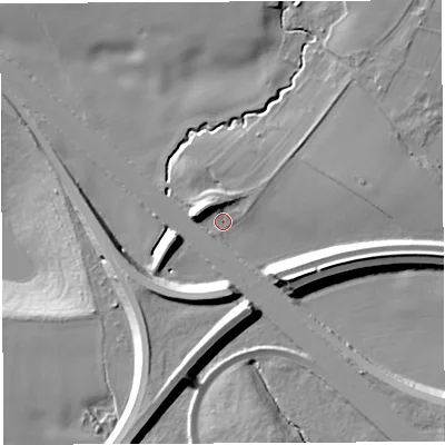 Shaded relief map of the ground around WA37HD, computed from Environment Agency LiDAR. The ground here sits at about 15 m above sea level and falls 19 m across the surrounding 800 m. Surface water reaching this point runs off ground lying to the west-north-west, 7.8 m higher.