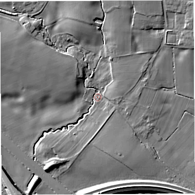 Shaded relief map of the ground around WA37HE, computed from Environment Agency LiDAR. The ground here sits at about 18 m above sea level and falls 11 m across the surrounding 800 m. Surface water reaching this point runs off ground lying to the north, 7.7 m higher.