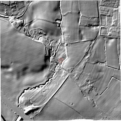 Shaded relief map of the ground around WA37HF, computed from Environment Agency LiDAR. The ground here sits at about 17 m above sea level and falls 10 m across the surrounding 800 m. Surface water reaching this point runs off ground lying to the north, 7.0 m higher.