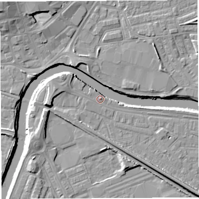 Shaded relief map of the ground around WA41AB, computed from Environment Agency LiDAR. The ground here sits at about 8 m above sea level and falls 12 m across the surrounding 800 m. Surface water reaching this point runs off ground lying to the north-east, 6.4 m higher.