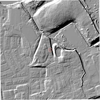 Shaded relief map of the ground around WA41AF, computed from Environment Agency LiDAR. The ground here sits at about 11 m above sea level and falls 13 m across the surrounding 800 m. Surface water reaching this point runs off ground lying to the south-west, 4.8 m higher.