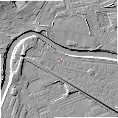 Shaded relief map of the ground around WA41AG, computed from Environment Agency LiDAR. The ground here sits at about 7 m above sea level and falls 11 m across the surrounding 800 m. Surface water reaching this point runs off ground lying to the west-north-west, 0.9 m higher.