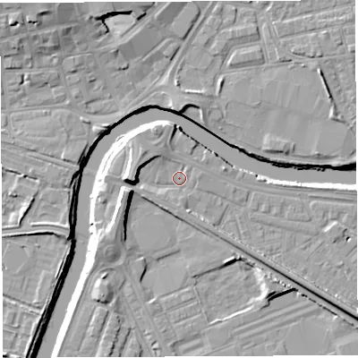 Shaded relief map of the ground around WA41AH, computed from Environment Agency LiDAR. The ground here sits at about 7 m above sea level and falls 11 m across the surrounding 800 m. Surface water reaching this point runs off ground lying to the west-south-west, 6.8 m higher.