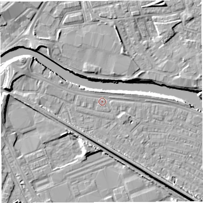 Shaded relief map of the ground around WA41AJ, computed from Environment Agency LiDAR. The ground here sits at about 7 m above sea level and falls 10 m across the surrounding 800 m. Surface water reaching this point runs off ground lying to the west-north-west, 1.5 m higher.