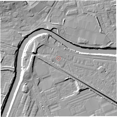 Shaded relief map of the ground around WA41AP, computed from Environment Agency LiDAR. The ground here sits at about 7 m above sea level and falls 11 m across the surrounding 800 m. Surface water reaching this point runs off ground lying to the west, 6.9 m higher.