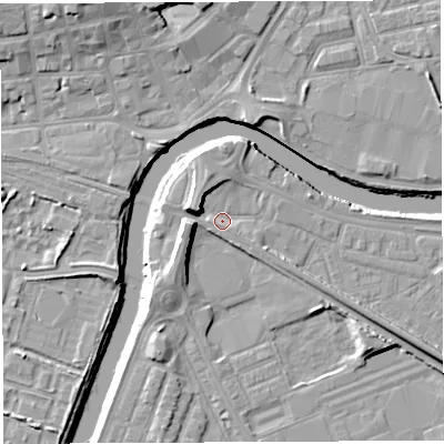 Shaded relief map of the ground around WA41AT, computed from Environment Agency LiDAR. The ground here sits at about 8 m above sea level and falls 11 m across the surrounding 800 m. Surface water reaching this point runs off ground lying to the west, 6.8 m higher.