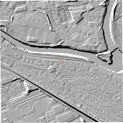 Shaded relief map of the ground around WA41AU, computed from Environment Agency LiDAR. The ground here sits at about 7 m above sea level and falls 11 m across the surrounding 800 m. Surface water reaching this point runs off ground lying to the east, 1.3 m higher.