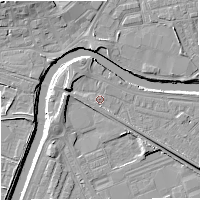 Shaded relief map of the ground around WA41AW, computed from Environment Agency LiDAR. The ground here sits at about 8 m above sea level and falls 11 m across the surrounding 800 m. Surface water reaching this point runs off ground lying to the west, 6.8 m higher.