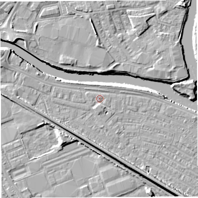 Shaded relief map of the ground around WA41AX, computed from Environment Agency LiDAR. The ground here sits at about 7 m above sea level and falls 11 m across the surrounding 800 m. Surface water reaching this point runs off ground lying to the west-north-west, 1.5 m higher.